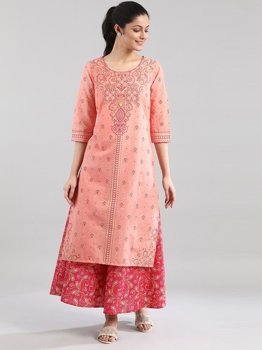 AURELIA Women Peach-Coloured Ethnic Motif Printed Cotton Kurta Price
