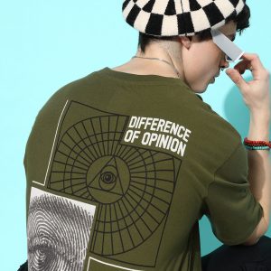 Difference of Opinion Men Olive Green Graphic Printed Pure Cotton Oversized T-Shirt Price