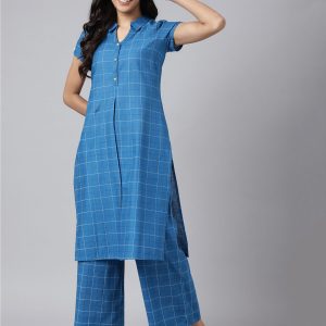 AURELIA Women Blue Checked Keyhole Neck Kurta Price