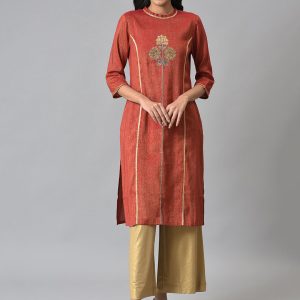 AURELIA Women Red Embellished Viscose Rayon Mandarin Collar Kurta Price