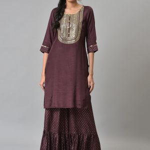 Aurelia Women Brown Shantung LIVA Kurta with Gathered Sharara Price