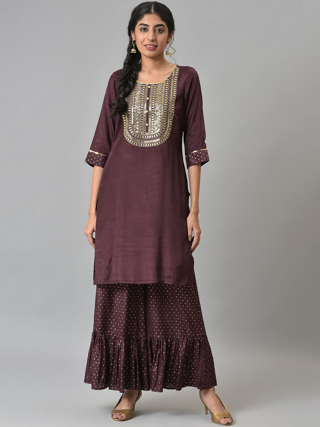 Aurelia Women Brown Shantung LIVA Kurta with Gathered Sharara Price
