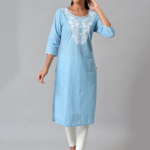 AURELIA Women Blue & White Pure Cotton Yoke Design Thread Work Kurta Price