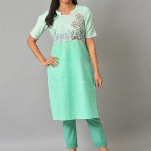AURELIA Ethnic Motifs Yoke Design Straight Pure Cotton Kurta Price