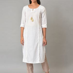AURELIA Geometric Printed Tie-up Neck Panelled Pure Cotton Kurta Price