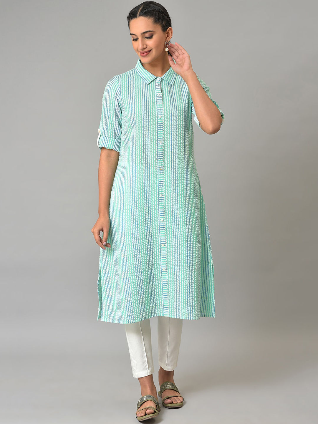 AURELIA Striped Shirt Collar Kurta Price
