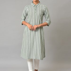 AURELIA Striped Shirt Collar Pure Cotton Straight Kurta Price