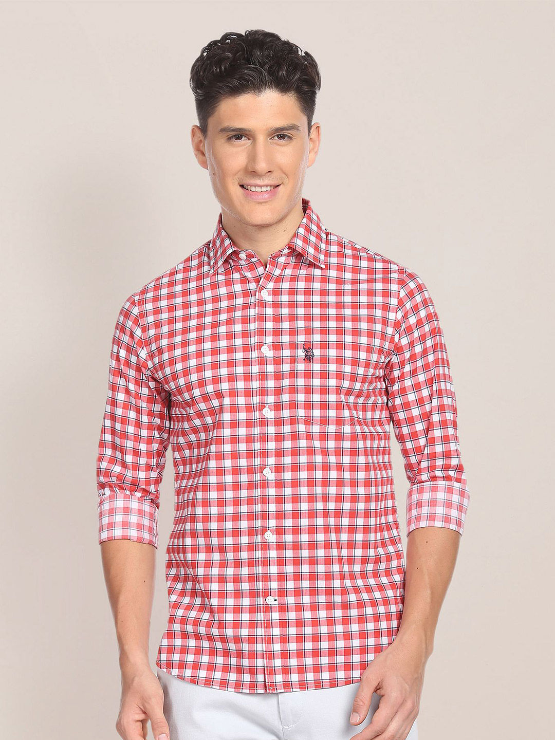 U.S. Polo Assn. Gingham Checks Opaque Checked Pure Cotton Casual Shirt Price