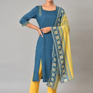 AURELIA Square Neck Embroidered Kurta with Trousers & Dupatta Price