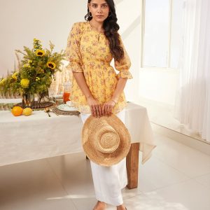 AURELIA Floral Printed Keyhole Neck Puff Sleeves Kurti Price