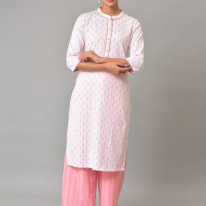AURELIA Woven Design Band Collar Pure Cotton Kurta Price