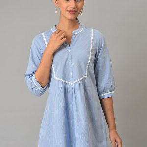 AURELIA Striped Mandarin Collar Pure Cotton Kurti Price