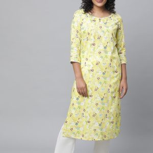AURELIA Keyhole Neck Floral Printed Thread Work Kurta Price