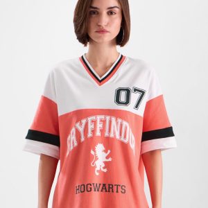The Souled Store Peach Oversized Typography Printed V-Neck Cotton T-shirt Price
