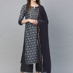 Biba Women Navy Blue & Off-White Printed Kurta with Palazzos & Dupatta Price