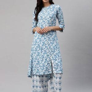 Biba Women White & Blue Printed Kurta with Palazzos Price