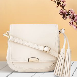 Lino Perros Women Cream-Coloured Solid Sling Bag with Tasselled Detail Price