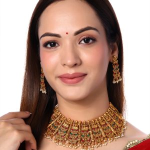 Yellow Chimes Women Red & Green Gold-Plated Stone-Studded & Beaded Temple Jewellery Set Price