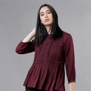 Tokyo Talkies Casual 3/4 Sleeve Solid Women Maroon Top
