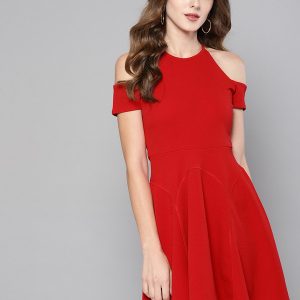 VENI VIDI VICI Women Fit and Flare Red Above Knee/Mid Thigh Length Dress
