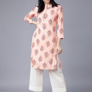 Vishudh Women Printed Straight Kurta(Pink)