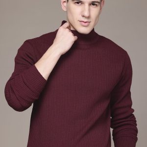 Roadster Solid Turtle Neck Casual Men Maroon Sweater