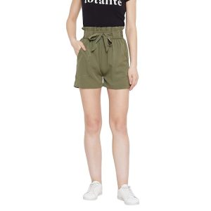 PANIT Women Olive Green Solid Loose Fit Regular Shorts