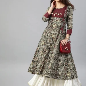 Yash Gallery Women Printed Anarkali Kurta(Maroon)