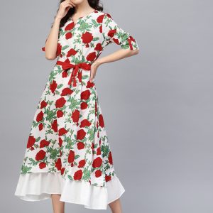 Geroo Jaipur White & Red Floral Hand Block Printed Pure Cotton Dress