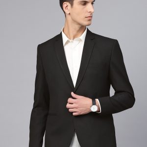 MANQ Men Black Slim Fit Solid Single Breasted Formal Blazer