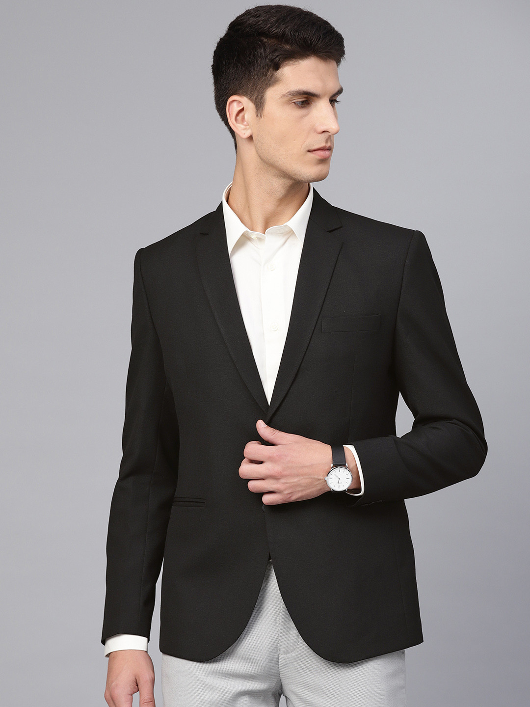 MANQ Men Black Slim Fit Solid Single Breasted Formal Blazer