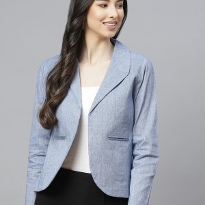 Cottinfab Women Blue Pure Cotton Blazer With Shawl Collar