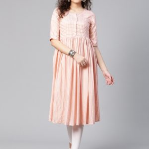 Meeranshi Women Pink & Golden Striped Anarkali Kurta