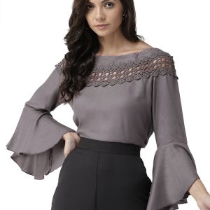 Style Quotient Casual Bell Sleeve Solid Women Grey Top