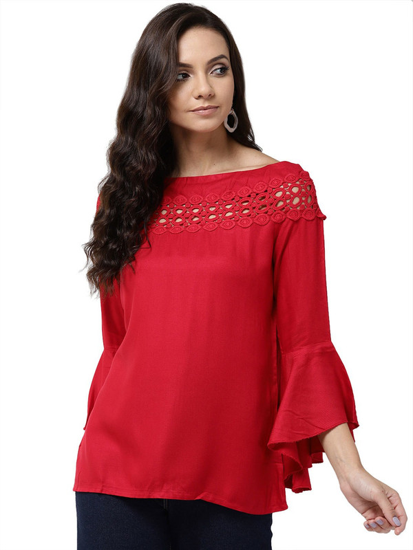 Style Quotient Casual Bell Sleeve Solid Women Red Top