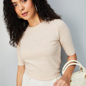 MAX Casual Solid, Self Design Women Beige Top