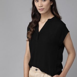 Roadster Casual Short Sleeve Solid Women Black Top