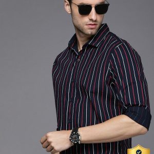WROGN Men Striped Casual Dark Blue Shirt
