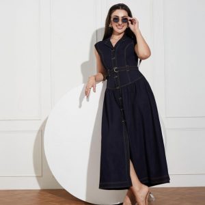 Miss Chase Women Pinafore Dark Blue Midi/Calf Length Dress
